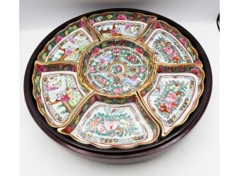 Stunning Chinese Famille Rose Lazy Susan Condiment Tray - Platter Bowls In Lacquer Round Box