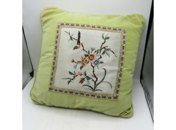 Beautiful Green Decorative Pillow W/ Bird & Flowers -