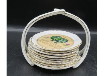 Lovely Set Of 8 Porcelain Coasters W/ Porcelain Handled Coaster Holder -