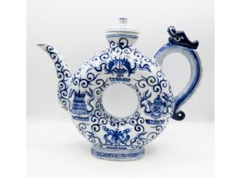 Chinese Blue & White Porcelain Lidded Teapot Donut Hold Shaped W/ Dragon & Motifs