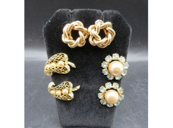 3 Pairs Of Vintage Clip On Earrings - Faux Pearl
