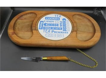 Wooden Cheese Board W/ Ceramic Insert  And Cheese Knife - Stainless Steel - Made In Taiwan