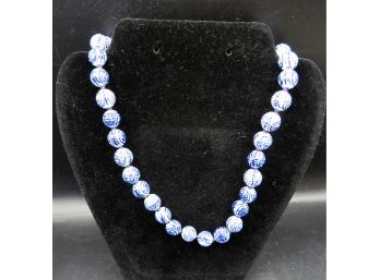 Vintage Chinese Blue & White Porcelain Beaded Necklace - Sterling Silver Clasp
