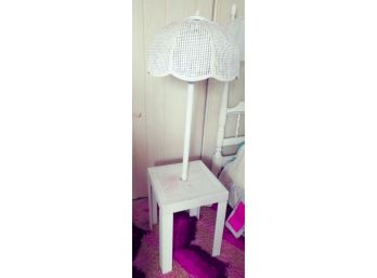 Charming 1970s Vintage White Wicker Floor Lamp W/ Table
