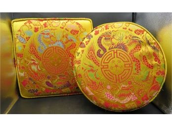 Pair Of Stunning Silk Asian Decorative Pillows - Square & Round