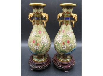 Pair Of Antique Chinese Cloisonne Vases W/ Stand