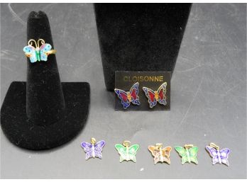 Cloisonne - Ring  - Earrings - 5 Charms - Butterfly Charms