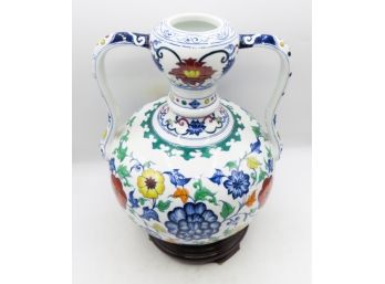 Double Handle Handmade Porcelain Vase W/ Wooden Base
