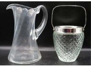 Vintage Glass Water Pitcher W/ Heavy Ice Bucket W/ Handle