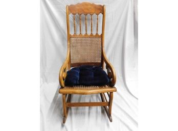 Vintage Cane Backed Wood Rocking Chair W/ Seat Cushion