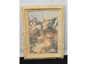 Vintage Cherub Surrounded By A Floral Arrangement Framed Distressed Style
