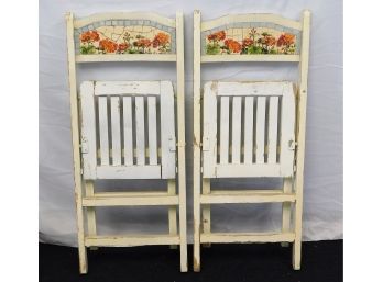 Folding Wood Chairs Painted W/ Flower Lot Of 2
