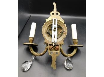 Brass Ornate Wall Sconce 2 Light Candle With 3 Prisms