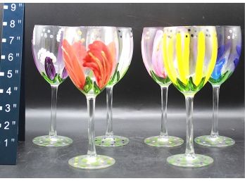 Wine Glasses Painted Flowers Set Of 6