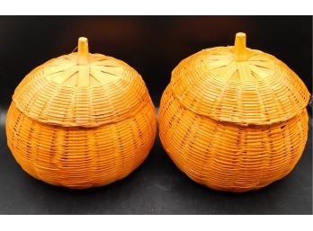 Pumpkin Wicker Baskets Holiday Candy Bowls Lot Of 2