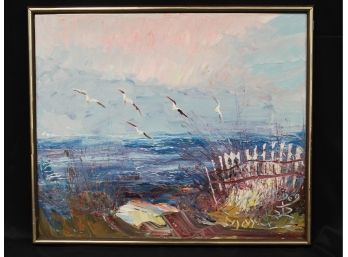 Original Morris Katz 1980's Seagulls Seascape Custom Wood Framed Oil Painting On Canvas Signed