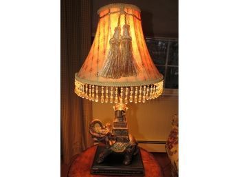 Table Lamp -Unique Elephant Figurine Base With Tassel Accent And Beaded Fringed Lampshade