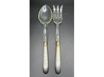 Silver Plated Handled Serving Fork & Spoon With Plastic Serving Ends - Set Of 2