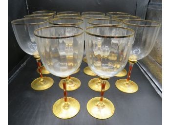 Wine Glasses - Red Striped Stem, Gold-Tone Base & Rimmed - Set Of 14