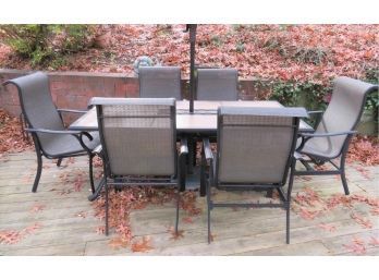 Patio Set Tile Top  Outdoor Metal Patio Table & 6 Woven Chairs