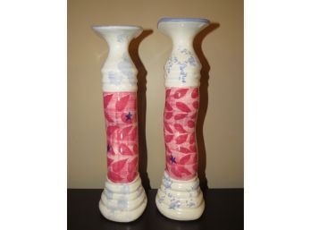 Studio Pottery By Dan Lasser Ceramic Hand Painted Candlestick Holders - Set Of 2