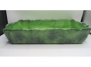 Baking Dish, Green Ceramic Leaf Motif Rectangular With Handles