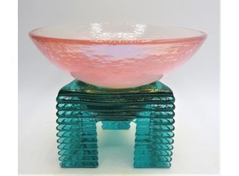 Art Deco Round Pink Glass Bowl On Triangular Green Glass Stand
