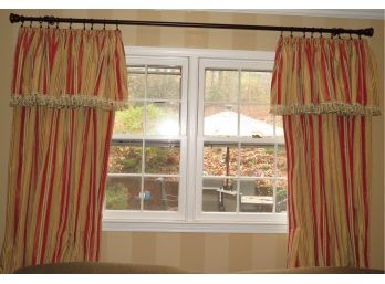 Curtains In Red/Tan/Green  With Tassel Accent & Curtain Rod