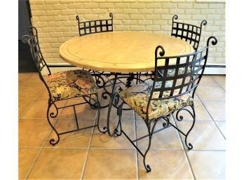 Rumrunners Dining Table - Round English Pine With Wrought Iron Base & 4 Fabric Custom Upholstered Chairs