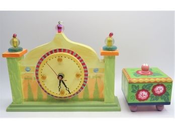 Mantle Clock, Hand Painted Wood & Trinket Box - Assorted Set Of 2