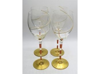 Wine Glasses With Gold-tone Base, Painted Stem And Swirl Accent - Set Of 4