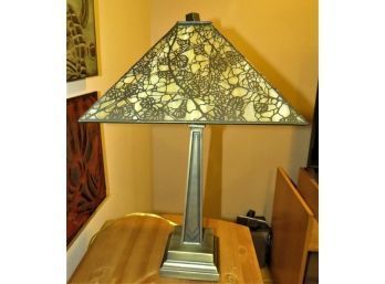 Slag Style Metal Table Lamp With Floral Shade