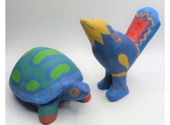 Paper Mache Painted  Bird & Turtle Figurines - Set Of 2