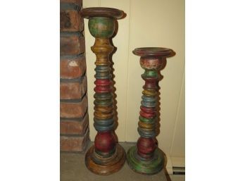 Candlestick Holders - Multicolored Wood 2 Assorted Sizes