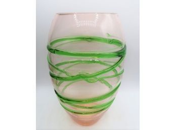 Vase - Unique Light Pink Tinted Glass With Green Swirl Accent
