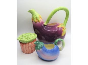 Fitz And Floyd Ceramic Eggplant Teapot, Blue Eggplant Creamer And Carrots Sugar Bowl With Lid - Set Of 3