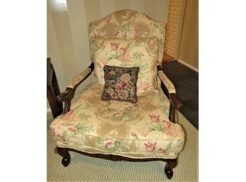 Peter Andrews Arm Chair Floral Fabric Upholstered With 2 Throw Pillows