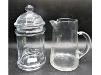 Pottery Barn Cannister With Lid & Glass Pitcher  - Assorted Set Of 2