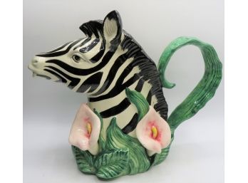 Fitz & Floyd Ceramic Zebra  With Lilies 1 Quart Teapot 1991