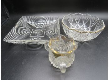 Cut Glass - Creamer, Square Dish & Bowl - Assorted Set Of 3