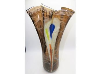 Peter Andrews Blown Glass Vase Beautiful Amber Tinted With Peacock Feather Accents