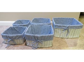 Wicker Baskets, White Square Shaped With Blue/white Check Fabric Lining - 5 Assorted Sizes