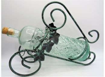 Bottle Holder In Metal Leaf Motif & Corked Bottle Set Of 2