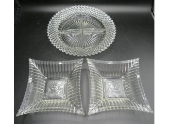 Cut Glassware - Round Sectioned Dish & (2) Square Dishes -set Of 3