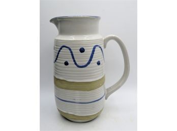 Pitcher, Ceramic White With Tan & Blue Accents