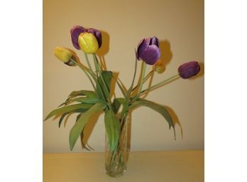 Glass Vase With Faux Purple & Yellow Tulips