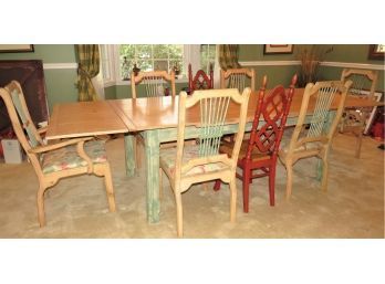 Rumrunner Farmhouse English Pine Dining Table, Sliding Table Leaves & 8 Assorted Chairs With Table Padding