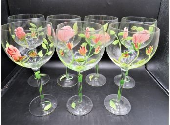 Wine Glasses - Floral Hand Painted Stemmed Glasses - Set Of 7