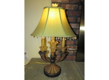 Table Lamp - Lovely Gold-Tone Leaf Design With Beaded Fringe Lampshade