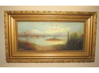 R.H. Signed Landscape Painting In Gold Frame